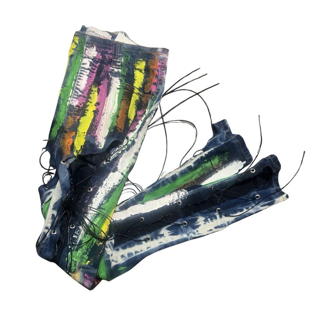 Retro Hand Painted Maximalist Streetwear Skater Lace Up Denim Skinny Jeans 13 M